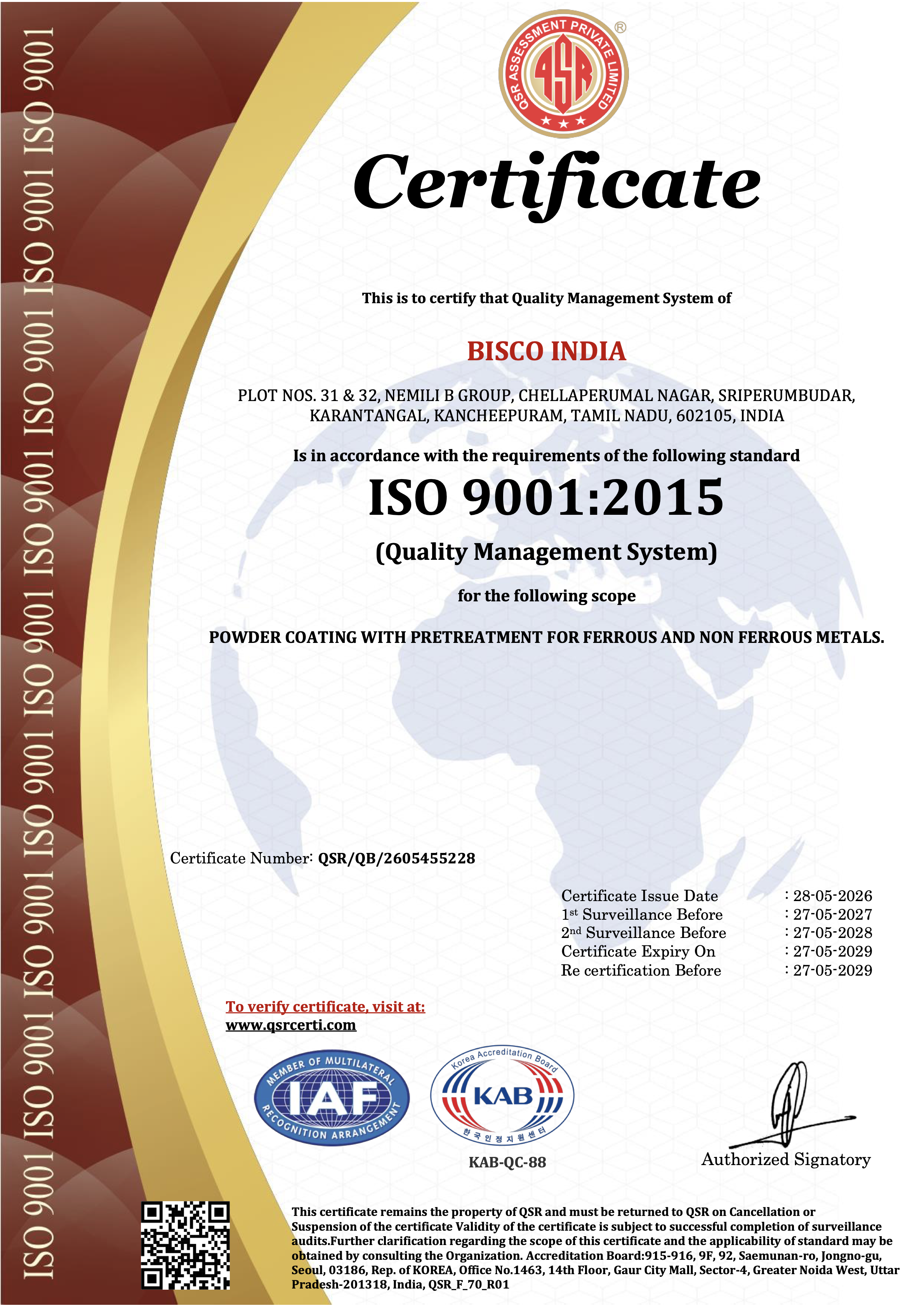 Bisco India ISO 9001:2015 Certificate